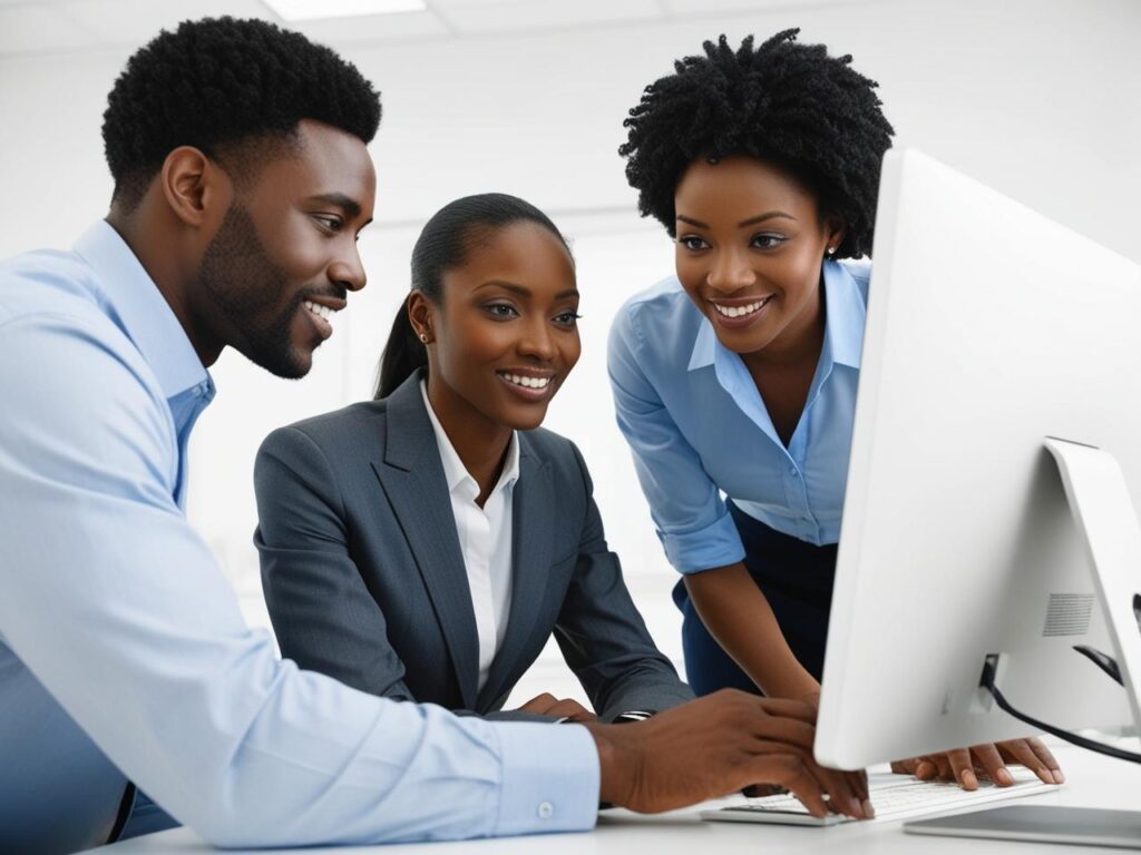 professional male and female of african american descent assisting client showing on a computer
